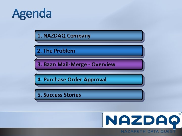 1. NAZDAQ Company 2. The Problem 3. Baan Mail-Merge - Overview 4. Purchase Order
