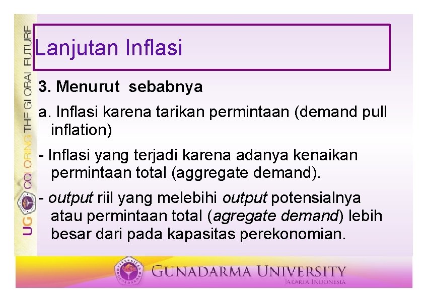 Lanjutan Inflasi 3. Menurut sebabnya a. Inflasi karena tarikan permintaan (demand pull inflation) -