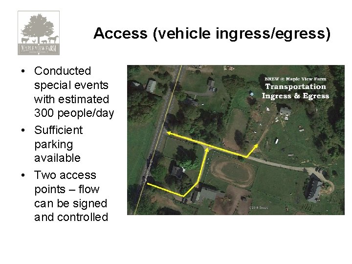 Access (vehicle ingress/egress) • Conducted special events with estimated 300 people/day • Sufficient parking