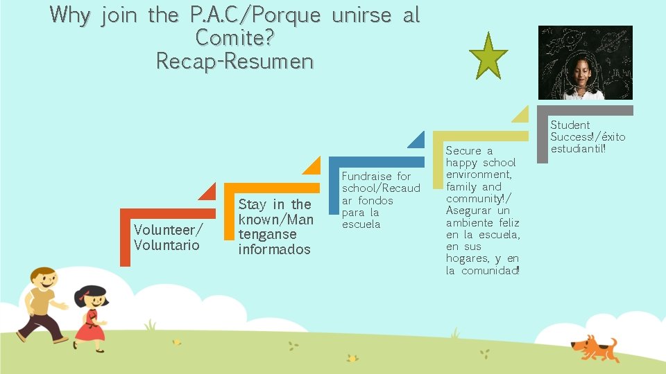 Why join the P. A. C/Porque unirse al Comite? Recap-Resumen Volunteer/ Voluntario Stay in