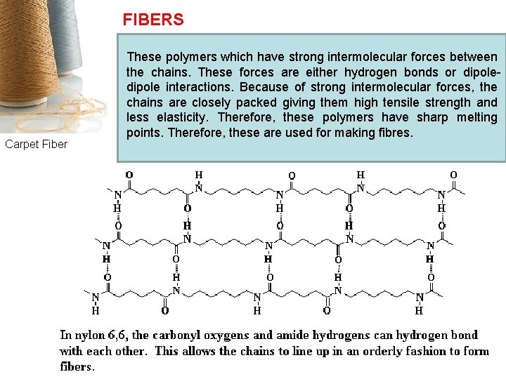 FIBERS Carpet Fiber These polymers which have strong intermolecular forces between the chains. These