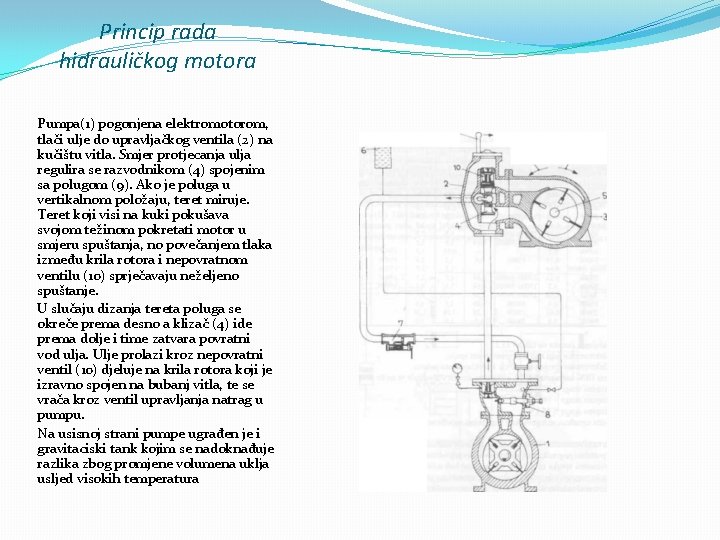 Princip rada hidrauličkog motora Pumpa(1) pogonjena elektromotorom, tlači ulje do upravljačkog ventila (2) na