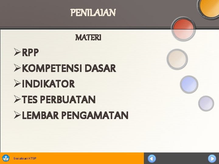 PENILAIAN MATERI ØRPP ØKOMPETENSI DASAR ØINDIKATOR ØTES PERBUATAN ØLEMBAR PENGAMATAN Sosialisasi KTSP 