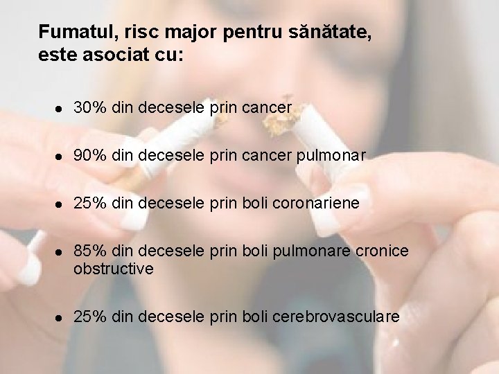 Fumatul, risc major pentru sănătate, este asociat cu: l 30% din decesele prin cancer