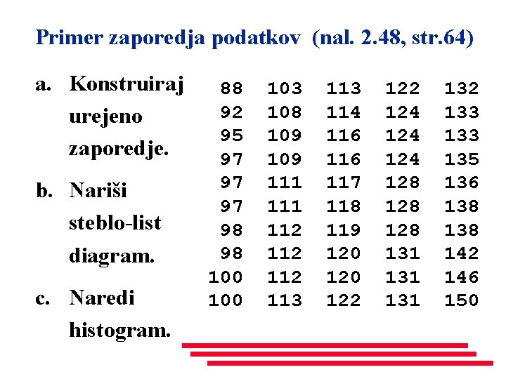 Primer zaporedja podatkov (nal. 2. 48, str. 64) a. Konstruiraj urejeno zaporedje. b. Nariši