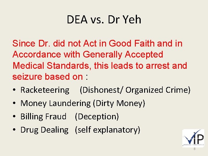 DEA vs. Dr Yeh Since Dr. did not Act in Good Faith and in