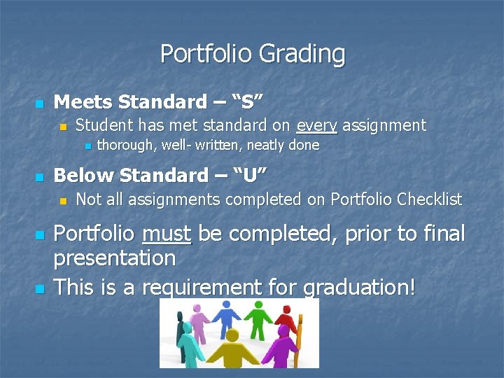 Portfolio Grading n Meets Standard – “S” n Student has met standard on every