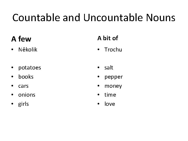Countable and Uncountable Nouns A few A bit of • Několik • Trochu •