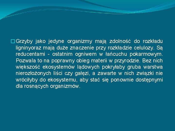 �Grzyby jako jedyne organizmy mają zdolność do rozkładu ligninyoraz mają duże znaczenie przy rozkładzie