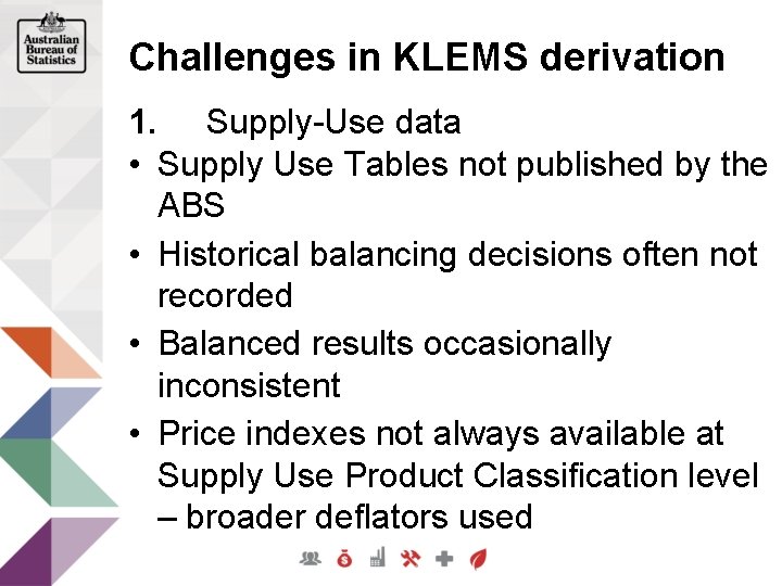 Challenges in KLEMS derivation 1. Supply-Use data • Supply Use Tables not published by