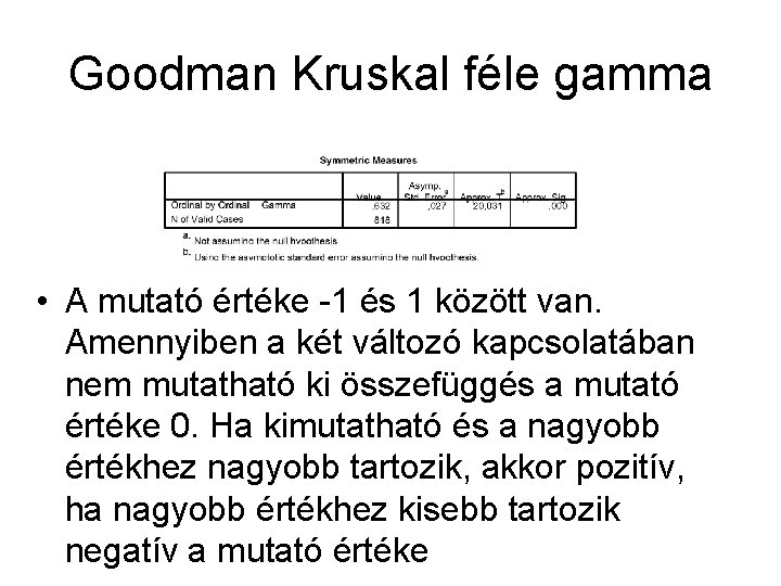 Goodman Kruskal féle gamma • A mutató értéke -1 és 1 között van. Amennyiben