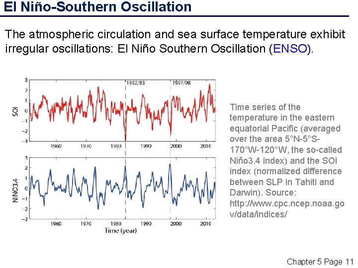 El Niño-Southern Oscillation The atmospheric circulation and sea surface temperature exhibit irregular oscillations: El