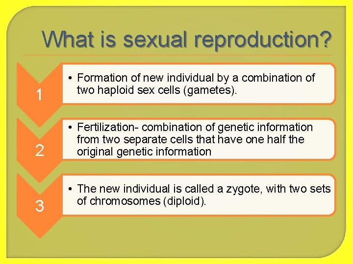 What is sexual reproduction? 1 2 3 • Formation of new individual by a