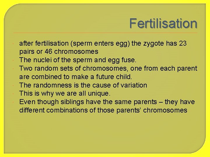 Fertilisation after fertilisation (sperm enters egg) the zygote has 23 pairs or 46 chromosomes
