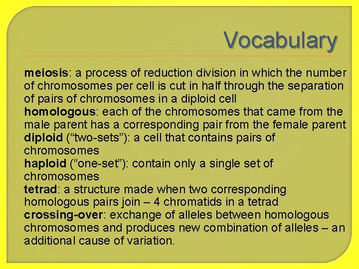 Vocabulary meiosis: a process of reduction division in which the number of chromosomes per