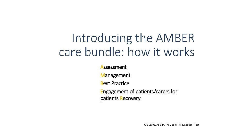 Introducing the AMBER care bundle: how it works Assessment Management Best Practice Engagement of