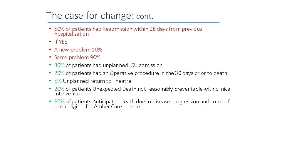 The case for change: cont. • 50% of patients had Readmission within 28 days