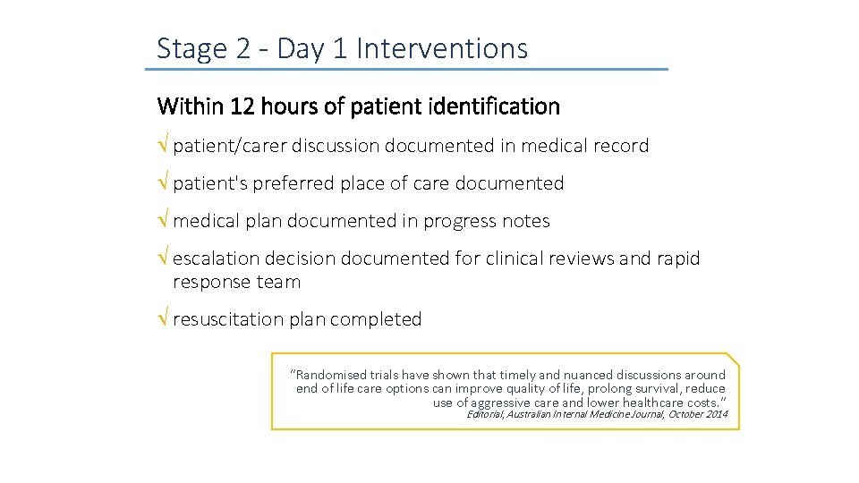 Stage 2 ‐ Day 1 Interventions Within 12 hours of patient identification patient/carer discussion