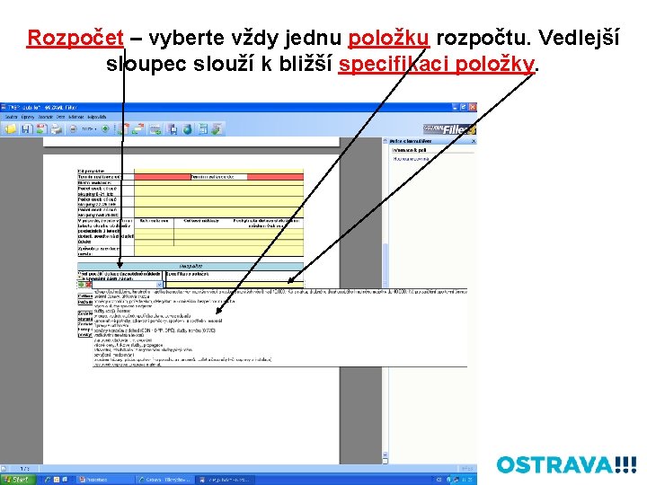 Rozpočet – vyberte vždy jednu položku rozpočtu. Vedlejší sloupec slouží k bližší specifikaci položky.