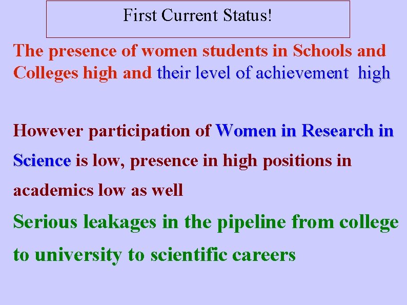 First Current Status! The presence of women students in Schools and Colleges high and