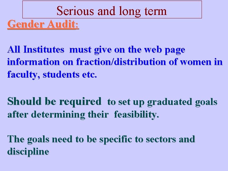 Serious and long term Gender Audit: All Institutes must give on the web page