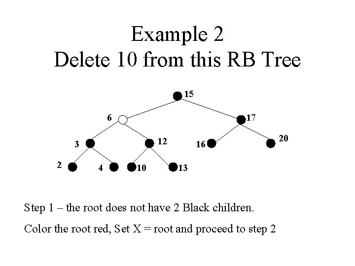 Example 2 Delete 10 from this RB Tree 15 6 17 12 3 2