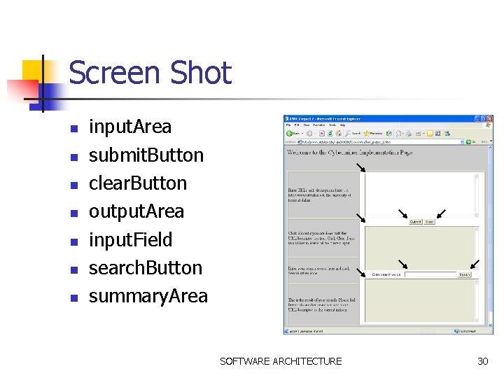 Screen Shot n n n n input. Area submit. Button clear. Button output. Area