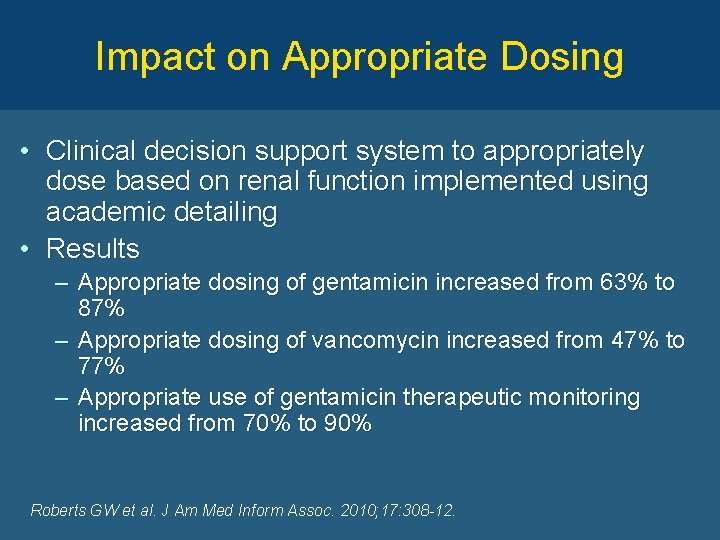 Impact on Appropriate Dosing • Clinical decision support system to appropriately dose based on