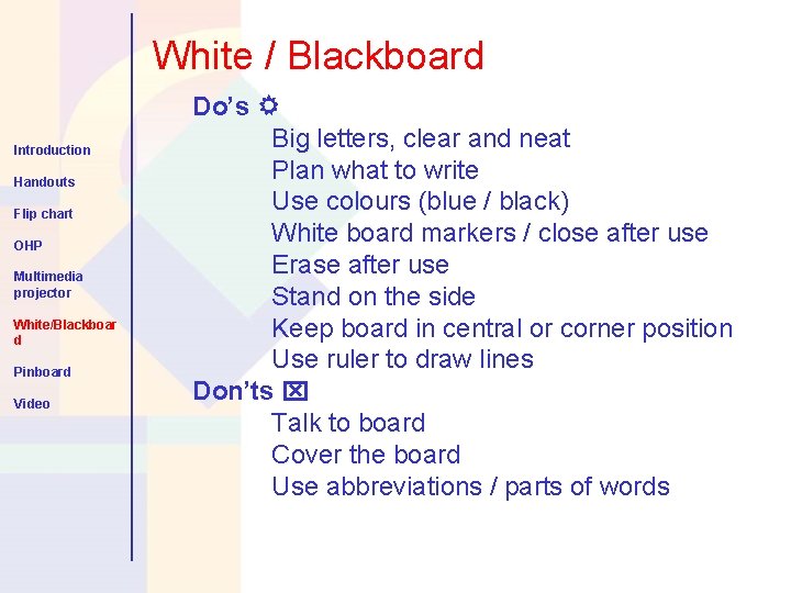 White / Blackboard Introduction Handouts Flip chart OHP Multimedia projector White/Blackboar d Pinboard Video