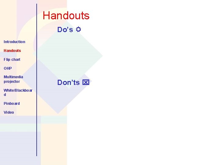 Handouts Do’s Introduction Handouts Flip chart OHP Multimedia projector White/Blackboar d Pinboard Video Don’ts
