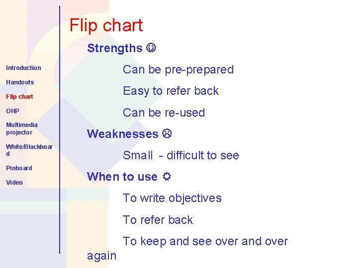 Flip chart Strengths Can be pre-prepared Introduction Handouts Easy to refer back Flip chart
