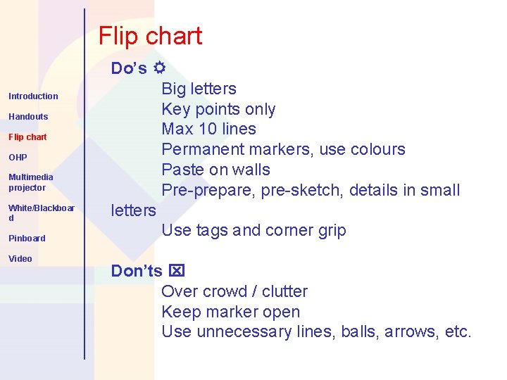 Flip chart Introduction Handouts Flip chart OHP Multimedia projector White/Blackboar d Pinboard Video Do’s