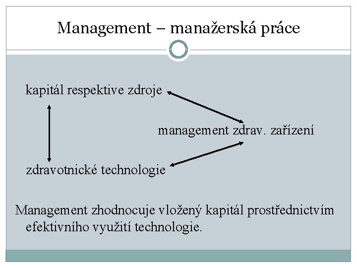 Management – manažerská práce kapitál respektive zdroje management zdrav. zařízení zdravotnické technologie Management zhodnocuje