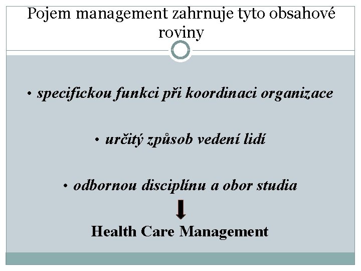 Pojem management zahrnuje tyto obsahové roviny • specifickou funkci při koordinaci organizace • určitý
