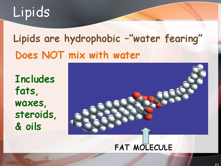 Lipids are hydrophobic –”water fearing” Does NOT mix with water Includes fats, waxes, steroids,