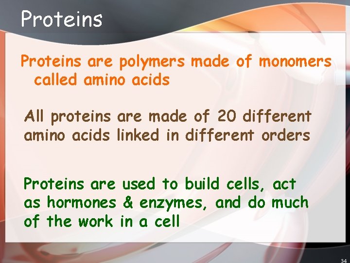 Proteins are polymers made of monomers called amino acids All proteins are made of