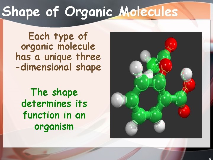 Shape of Organic Molecules Each type of organic molecule has a unique three -dimensional