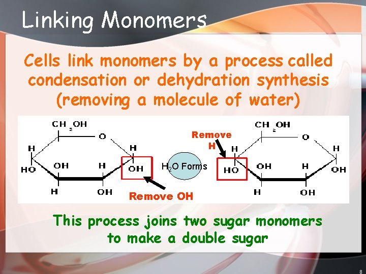 Linking Monomers Cells link monomers by a process called condensation or dehydration synthesis (removing