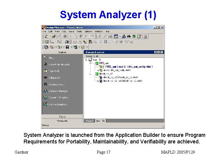 System Analyzer (1) System Analyzer is launched from the Application Builder to ensure Program
