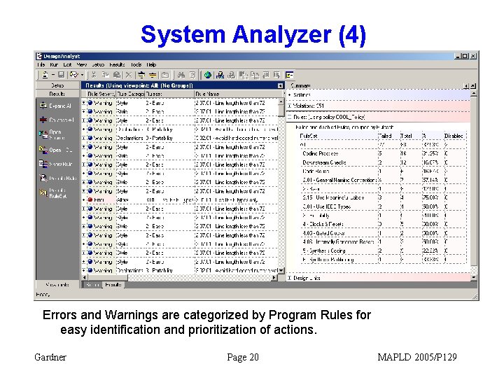 System Analyzer (4) Errors and Warnings are categorized by Program Rules for easy identification