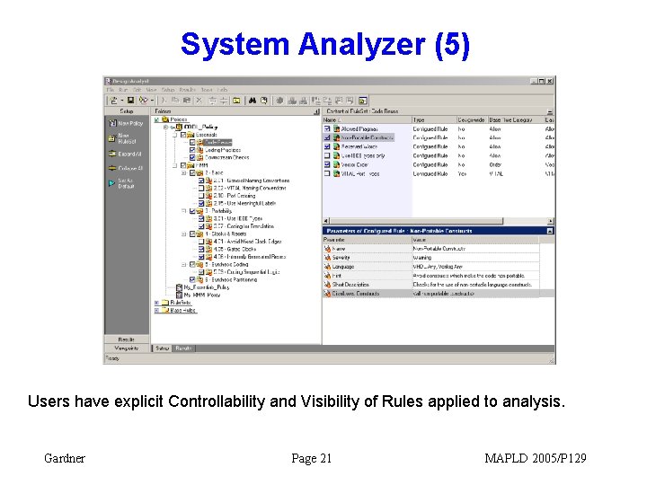 System Analyzer (5) Users have explicit Controllability and Visibility of Rules applied to analysis.