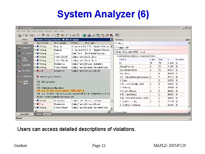 System Analyzer (6) Users can access detailed descriptions of violations. Gardner Page 22 MAPLD