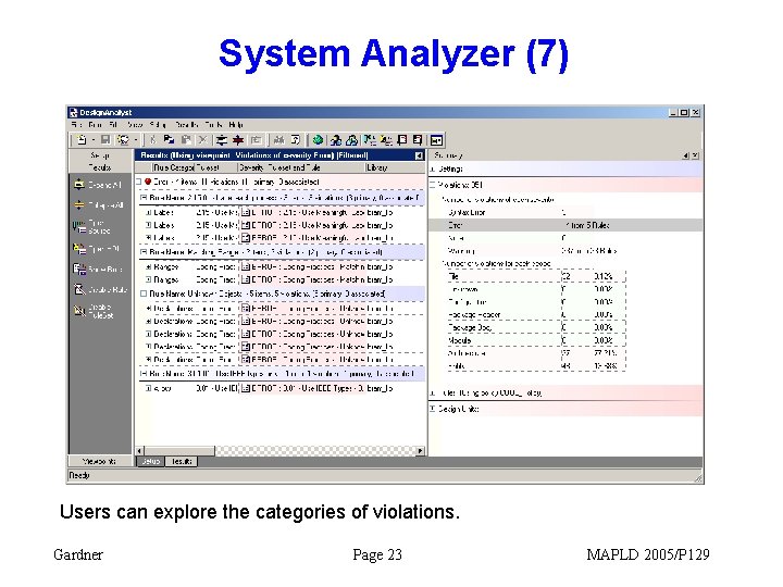 System Analyzer (7) Users can explore the categories of violations. Gardner Page 23 MAPLD