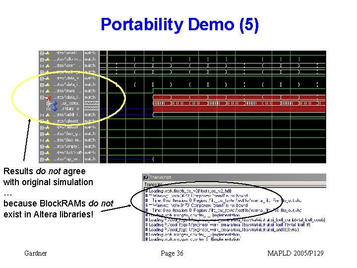 Portability Demo (5) Results do not agree with original simulation … because Block. RAMs