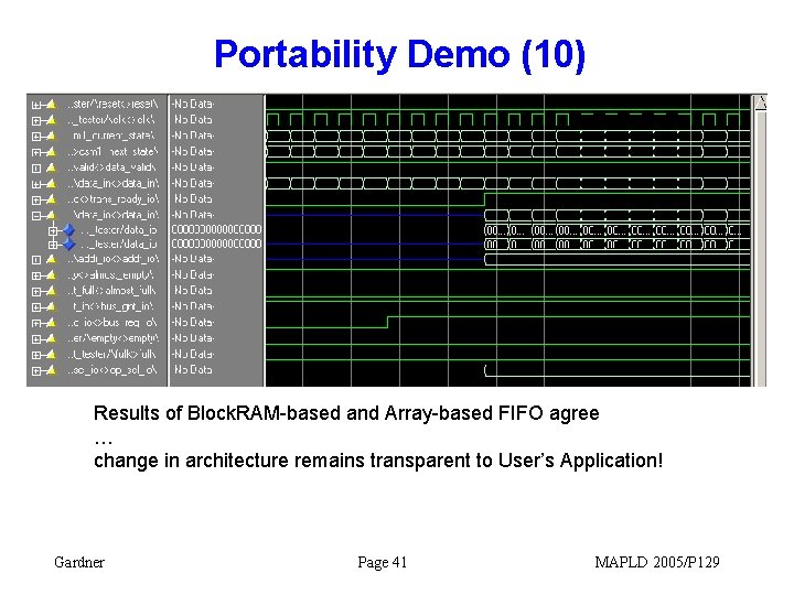 Portability Demo (10) Results of Block. RAM-based and Array-based FIFO agree … change in