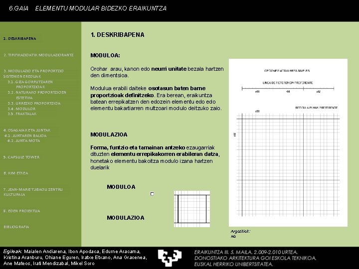 6. GAIA ELEMENTU MODULAR BIDEZKO ERAIKUNTZA 1. DESKRIBAPENA 2. TIPIFIKAZIOATIK MODULAZIORANTZ 3. MODULAZIO ETA