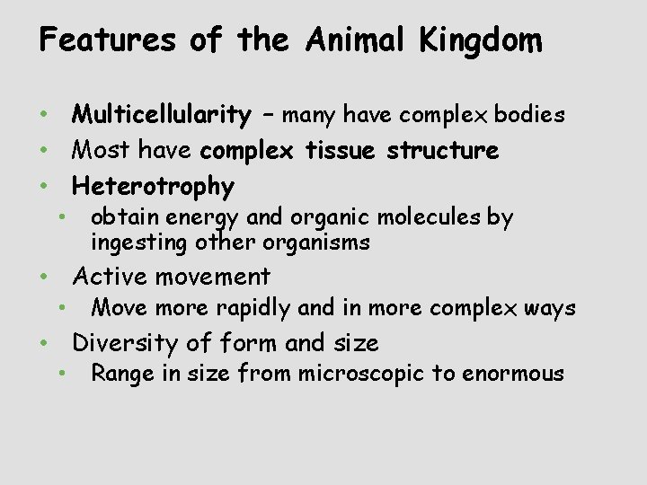 Features of the Animal Kingdom • Multicellularity – many have complex bodies • Most