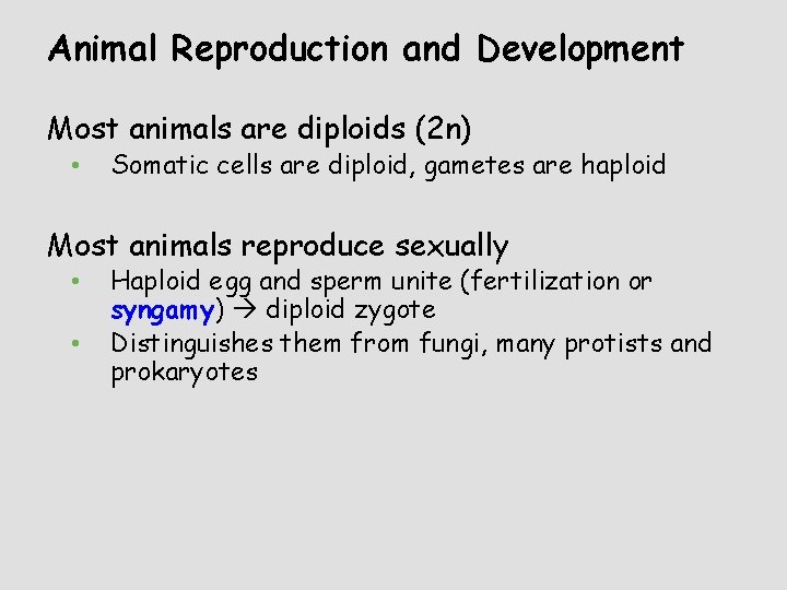 Animal Reproduction and Development Most animals are diploids (2 n) • Somatic cells are