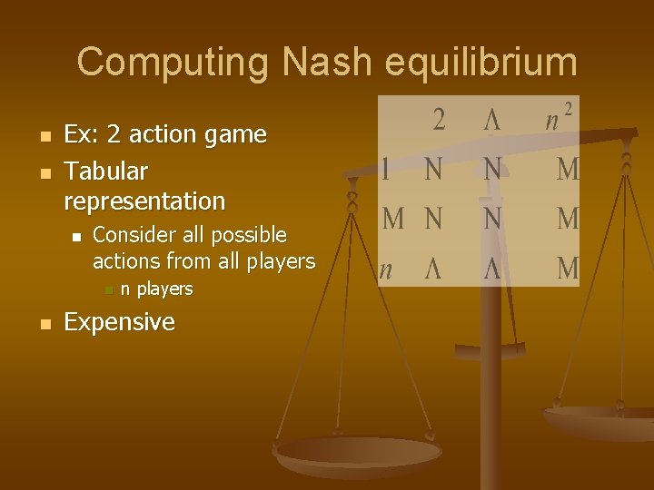 Computing Nash equilibrium n n Ex: 2 action game Tabular representation n Consider all
