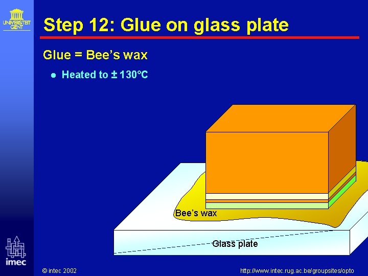 Step 12: Glue on glass plate Glue = Bee’s wax l Heated to ±